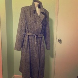 Vintage 80s Herringbone Wool  Long Trench Coat